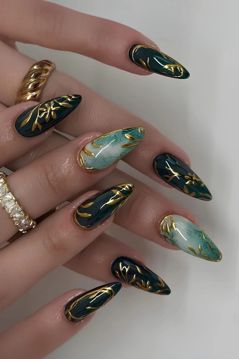 Black, Gold and Green Stiletto Art - emerald green nail design for women over 50