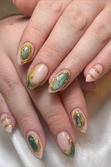 Nude and Gold Green Art - emerald green nail design for women over 50