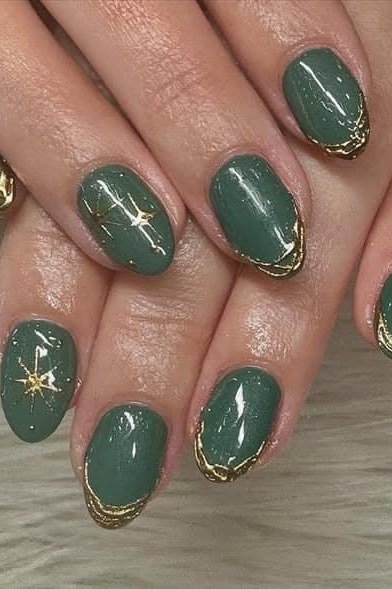 Green Starburst Art - emerald green nail design for women over 50