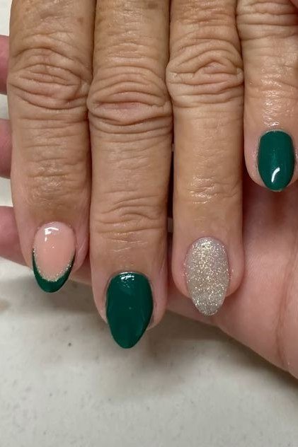 Emerald and Nude Accent Mix - emerald green nail design for women over 50