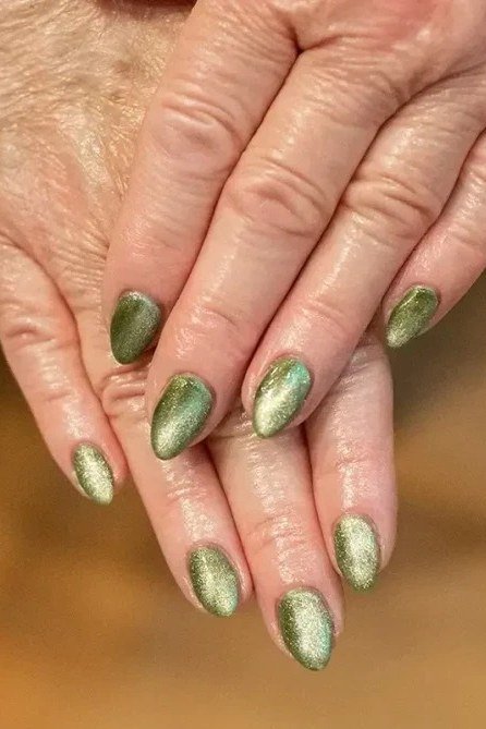 Champagne Gold Almond Nails - emerald green nail design for women over 50