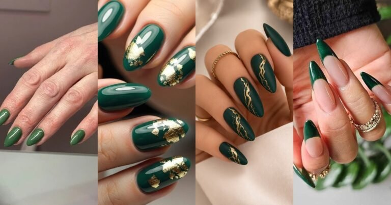 Collage of emerald green nail designs for women over 50: gold foil, marble and french tips