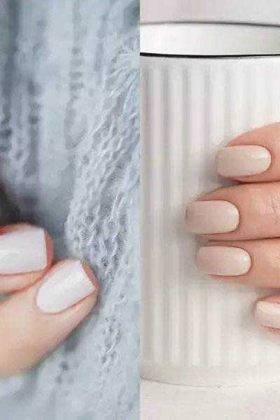 Milky white glossy nails with coffee mug, elegant nail idea for women over 50