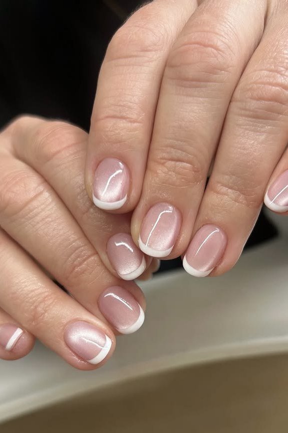 Pearly pink-white French tip nails, elegant nail idea for women over 50