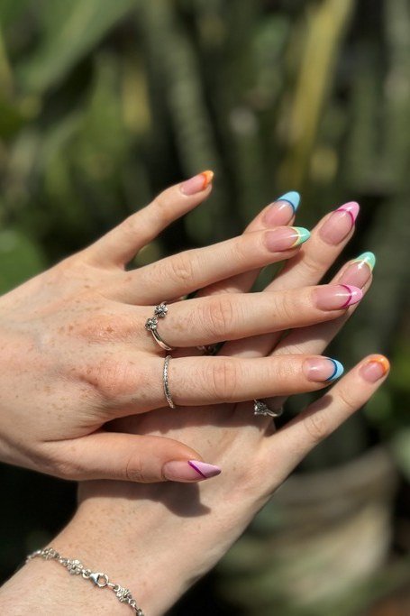 Pastel Rainbow French Tips, elegant nail idea for women over 60