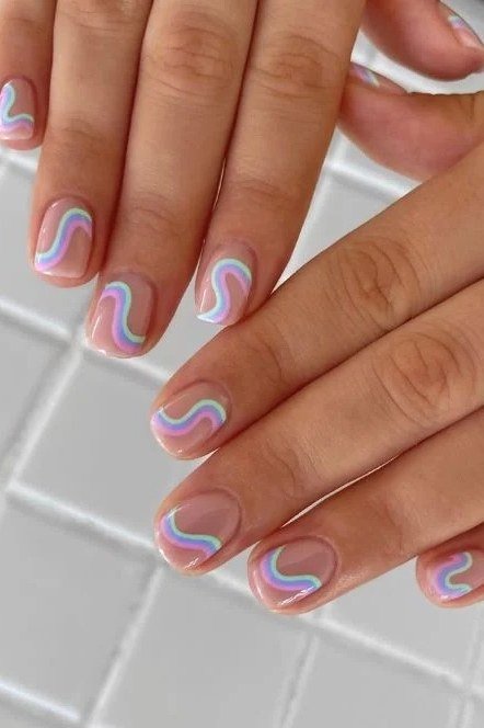 Nude with Pastel Wave Art, elegant nail idea for women over 60