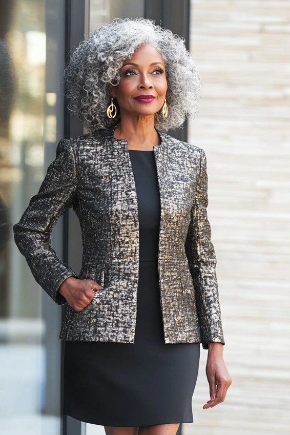 Silver sequin blazer black dress elegant, elegant party outfit for women over 60