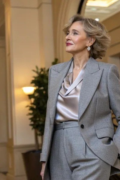Gray suit with champagne silk blouse, elegant party outfit for women over 60