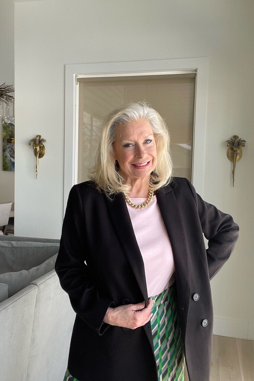 Black blazer pink top green patterned skirt, elegant party outfit for women over 60