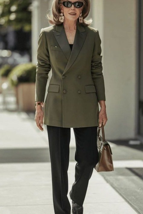 Olive double-breast blazer black trousers, elegant party outfit for women over 60