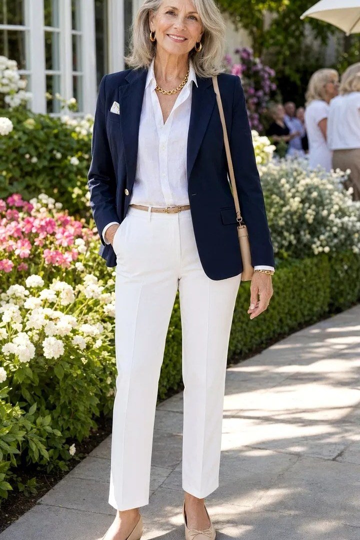 Navy blazer white shirt white trousers, elegant party outfit for women over 60