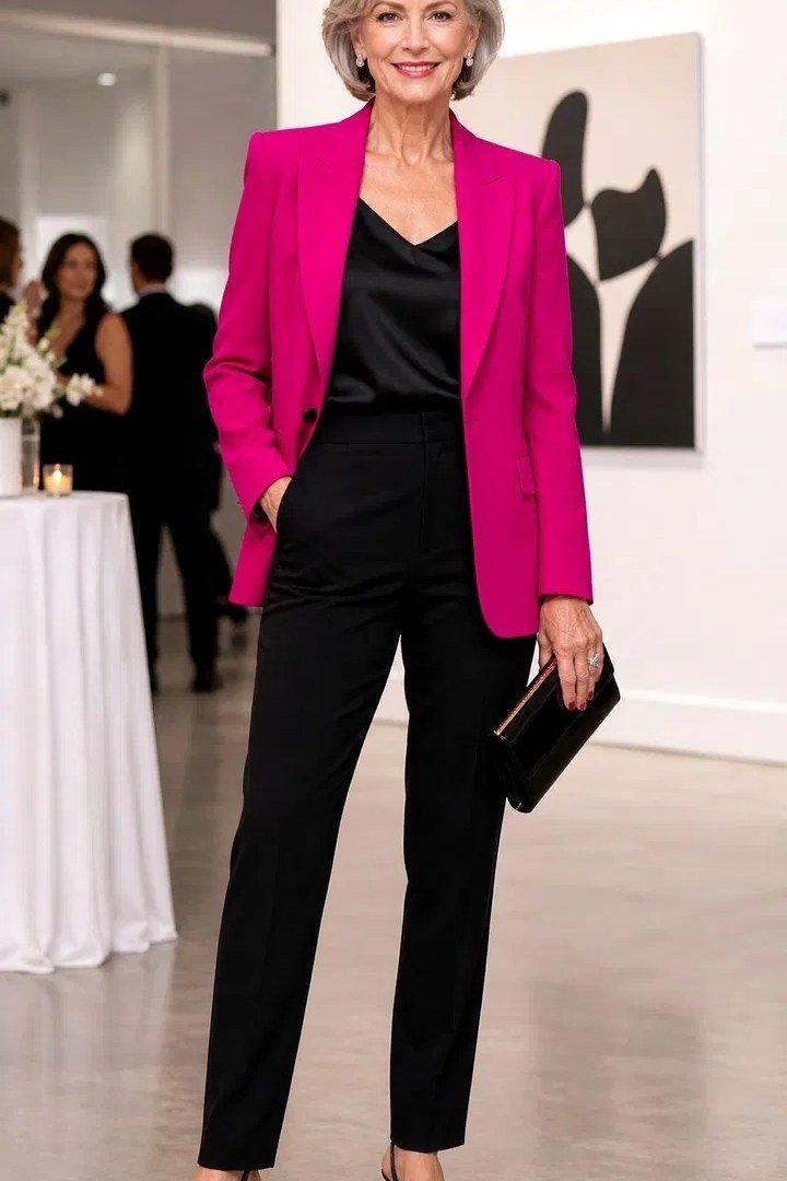 Hot pink blazer black top trousers party, elegant party outfit for women over 60