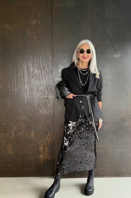 Black jacket sequin midi skirt boots edgy, elegant party outfit for women over 60