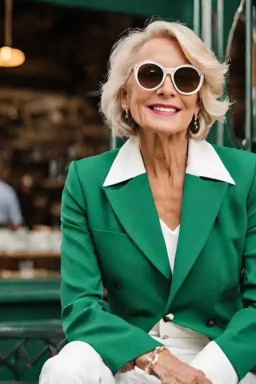 Green blazer white top close crop, elegant party outfit for women over 60
