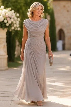 Champagne draped cowl gown, elegant party outfit for women over 60