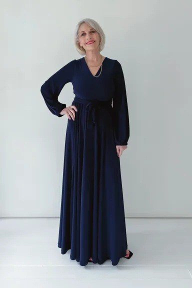 Navy long-sleeve flowing gown, elegant party outfit for women over 60