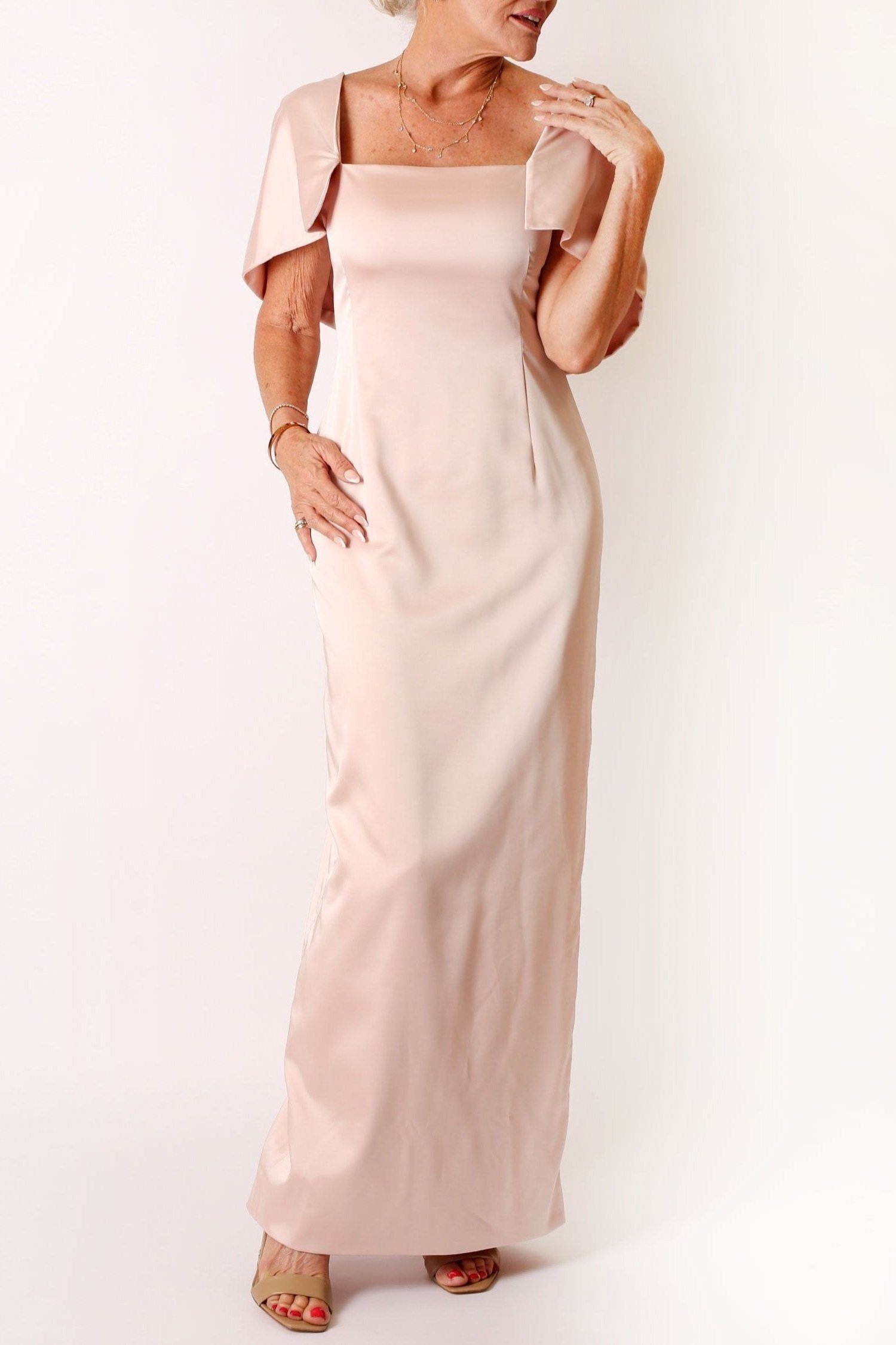 Blush square-neck column gown, elegant party outfit for women over 60