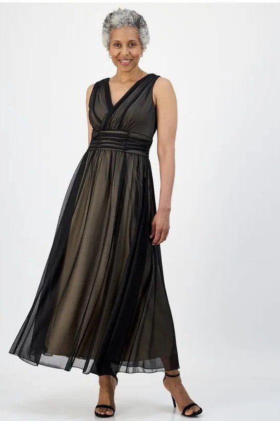 Charcoal chiffon v-neck gown, elegant party outfit for women over 60