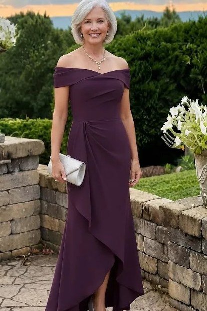 Purple off-shoulder ruffle gown, elegant party outfit for women over 60