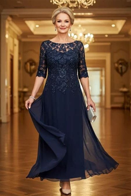 Navy lace three-quarter sleeve gown, elegant party outfit for women over 60