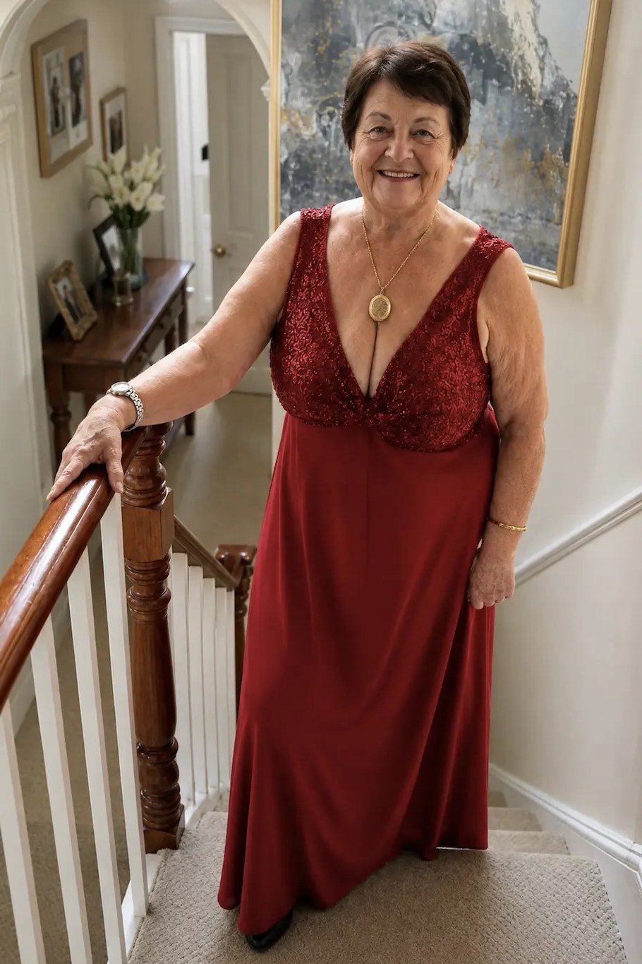 Burgundy lace bodice flowing gown, elegant party outfit for women over 60