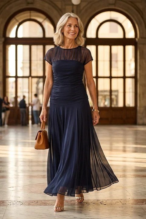 Navy sheer overlay skirt gown, elegant party outfit for women over 60