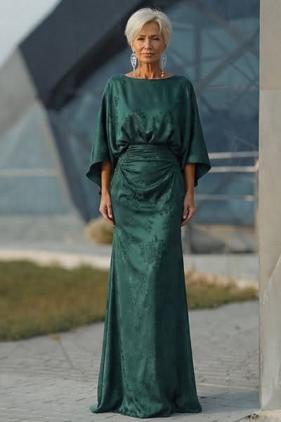 Emerald draped-sleeve maxi gown, elegant party outfit for women over 60