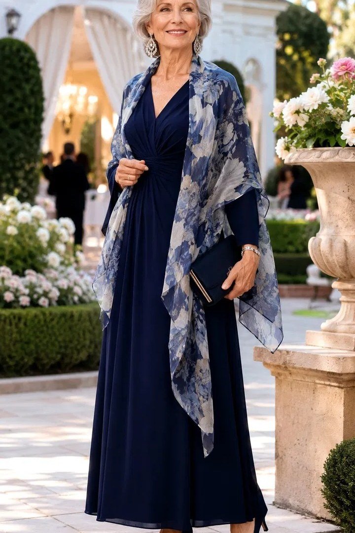 Navy gown with floral shawl, elegant party outfit for women over 60