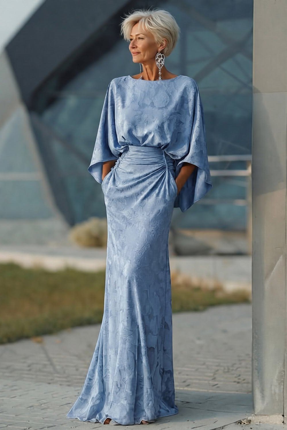 Blue satin draped-sleeve gown, elegant party outfit for women over 60