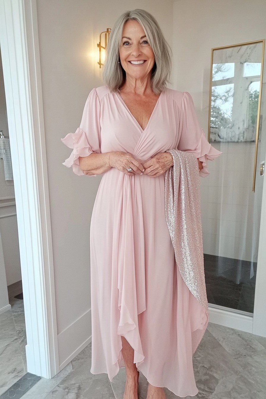 Blush wrap midi dress, elegant party outfit for women over 60