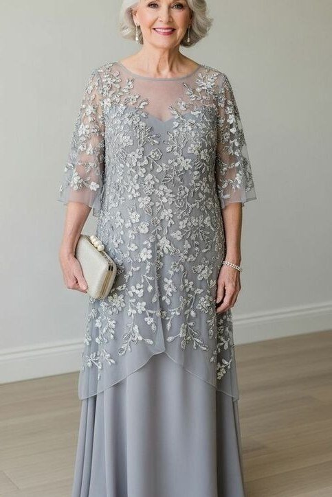 Silver sequin bodice gray chiffon gown, elegant party outfit for women over 60