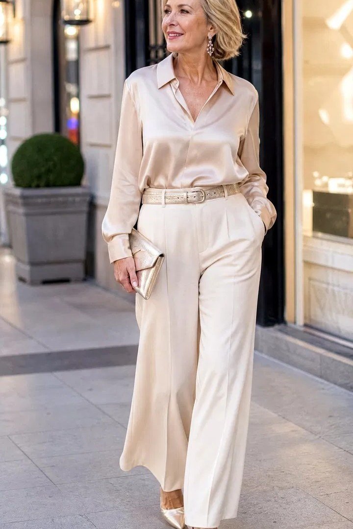 Ivory silk shirt cream wide-leg trousers, elegant party outfit for women over 60