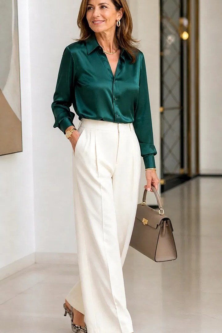 Emerald green blouse white wide-leg trousers, elegant party outfit for women over 60