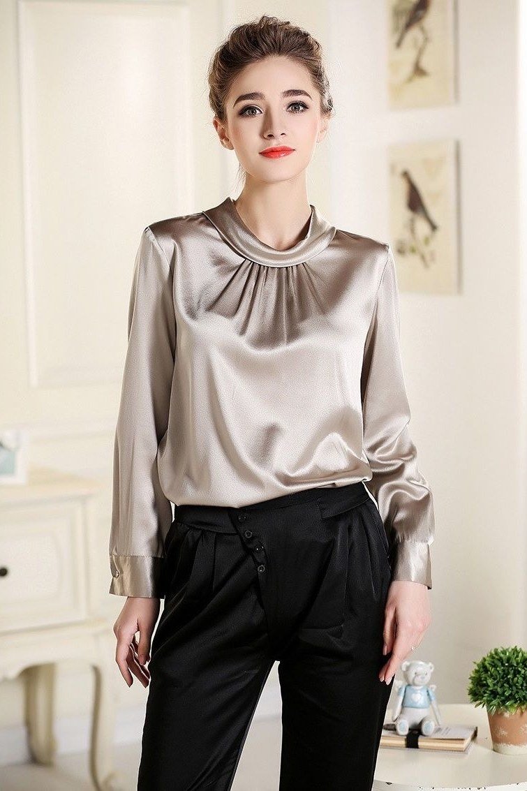 Champagne gathered-neck blouse black trousers, elegant party outfit for women over 60