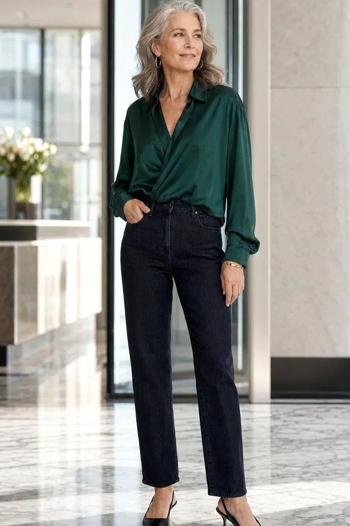 Dark green blouse dark trousers, elegant party outfit for women over 60
