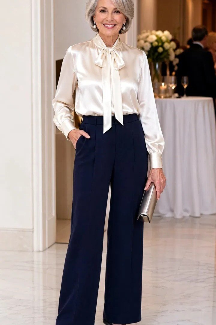 Ivory bow blouse navy wide-leg trousers, elegant party outfit for women over 60