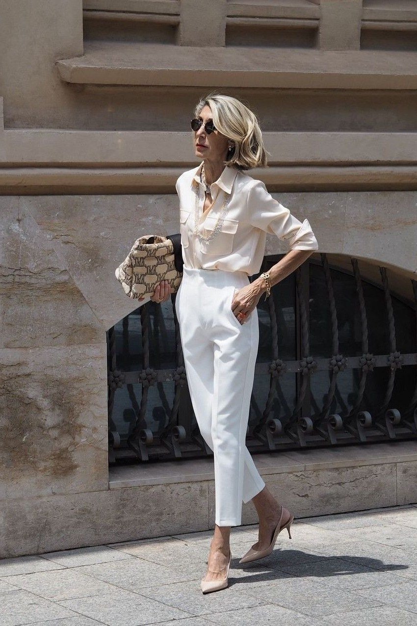 Champagne blouse white trousers, elegant party outfit for women over 60