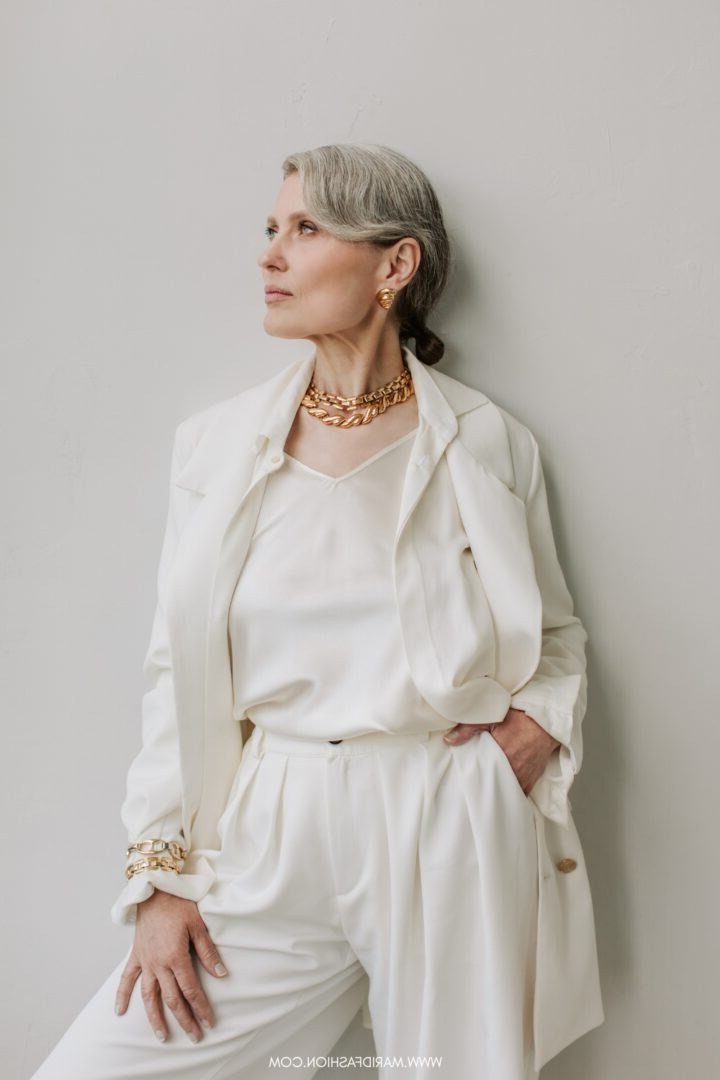 All-white blazer silk top trousers, elegant party outfit for women over 60