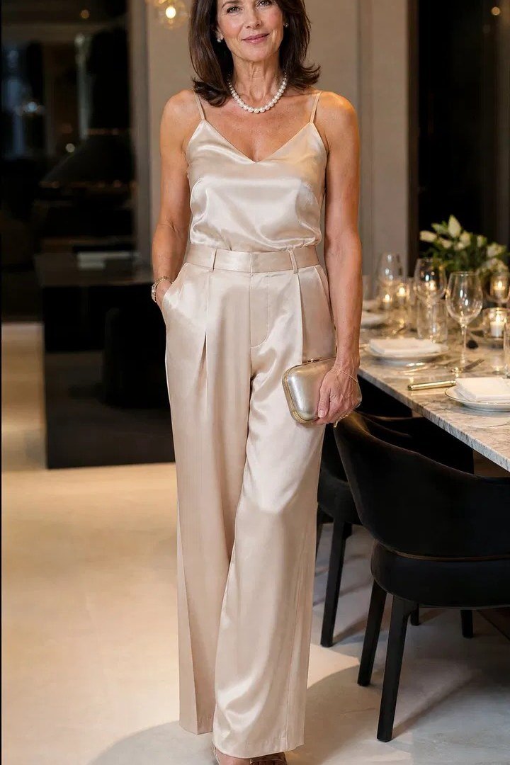 Champagne satin camisole wide-leg trousers, elegant party outfit for women over 60