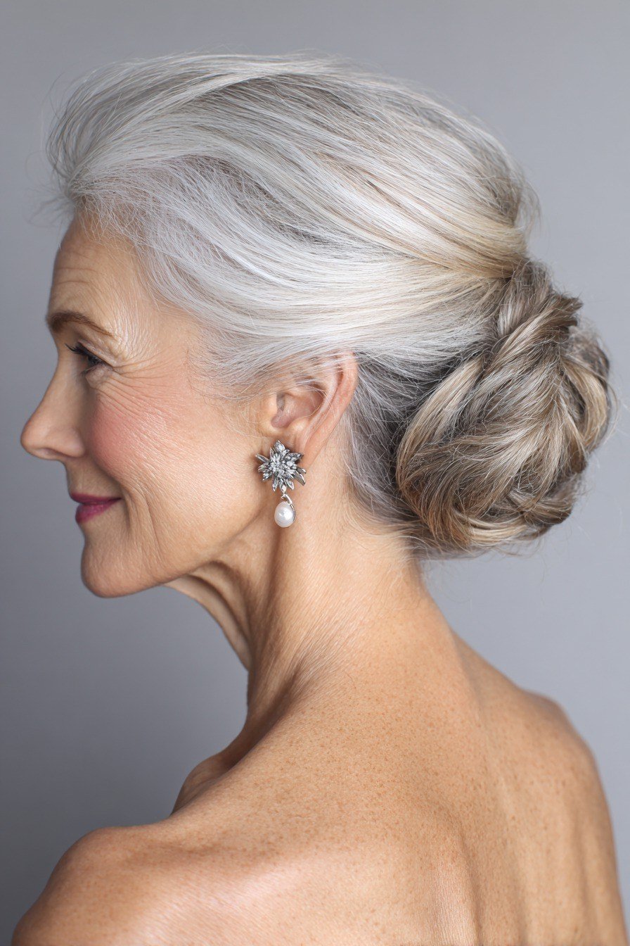 Silver low bun in profile with drop earrings, an elegant updo for women over 70