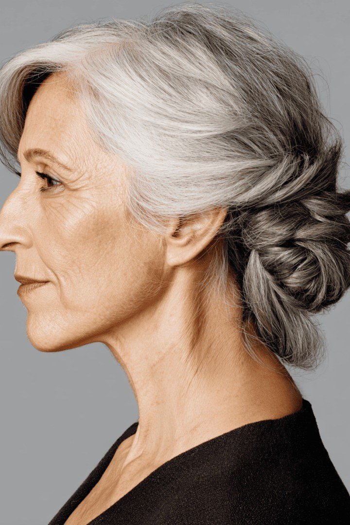 Silver braided updo from the side, an elegant updo for women over 70