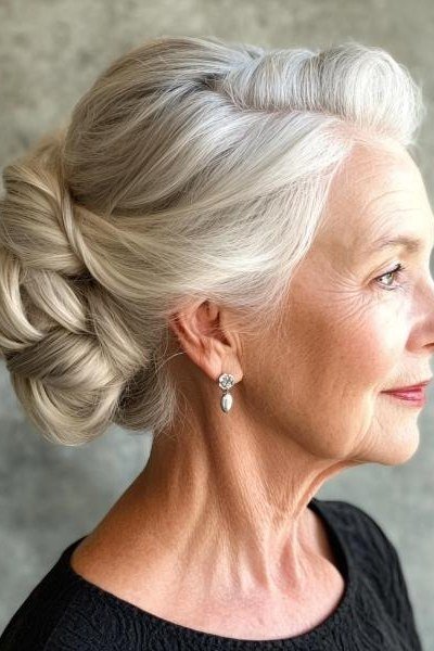 White twisted low bun side view with earrings, an elegant updo for women over 70