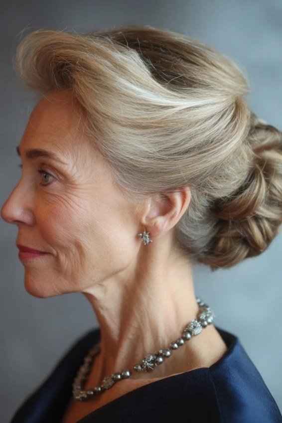 Blonde low bun in profile with necklace, an elegant updo for women over 70