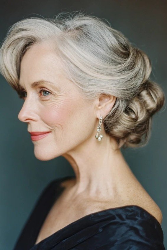 Silver swept updo side view with dangle earrings, an elegant updo for women over 70