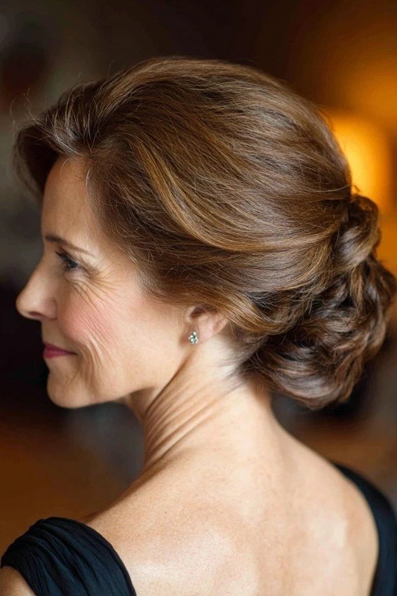 Brunette low bun side view warm background, an elegant updo for women over 70