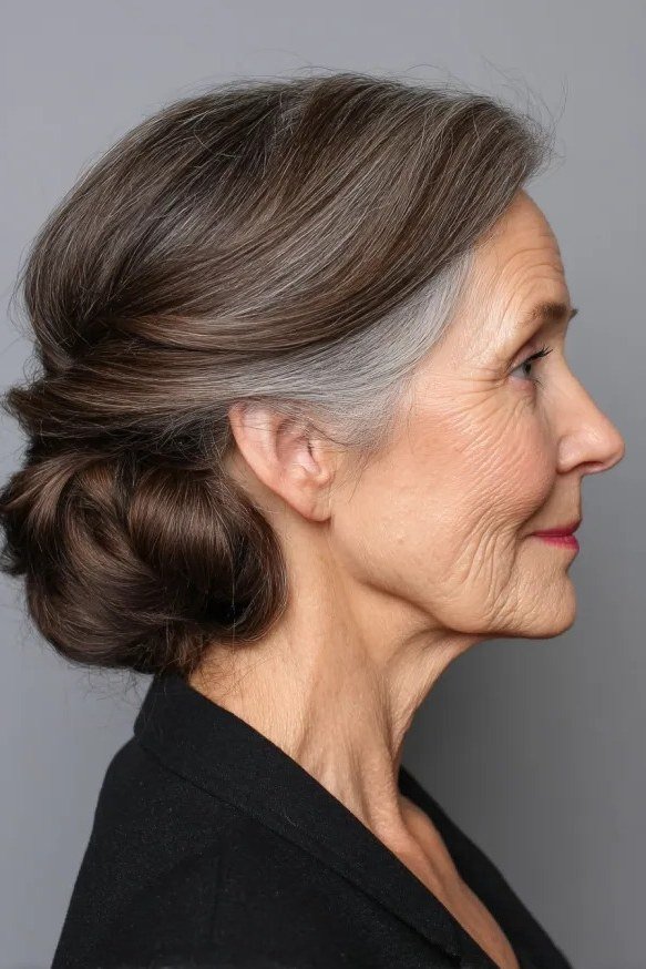 Brunette french twist in profile with black top, an elegant updo for women over 70