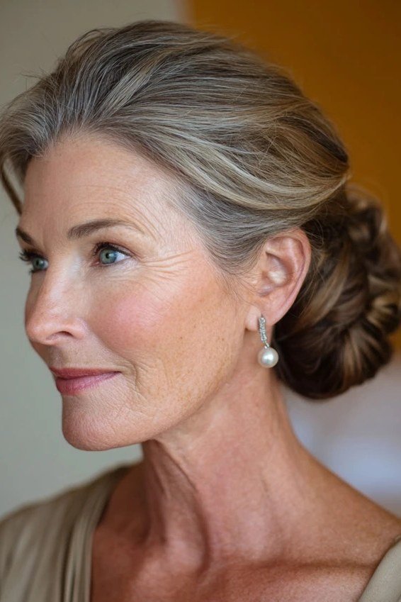 Grey low bun three-quarter view with pearl earrings, an elegant updo for women over 70