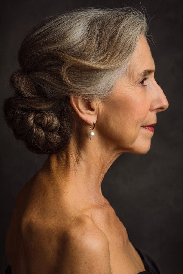 Dark low bun side view dark background, an elegant updo for women over 70