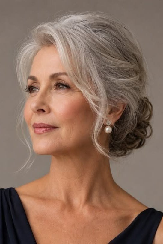 Curly silver updo three-quarter view with earrings, an elegant updo for women over 70