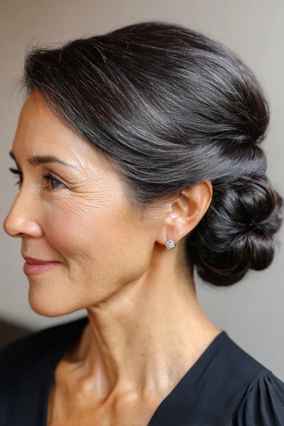 Dark bun in profile with stud earrings, an elegant updo for women over 70